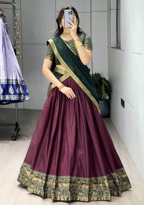 Wine Printed Cotton Lehenga Set
