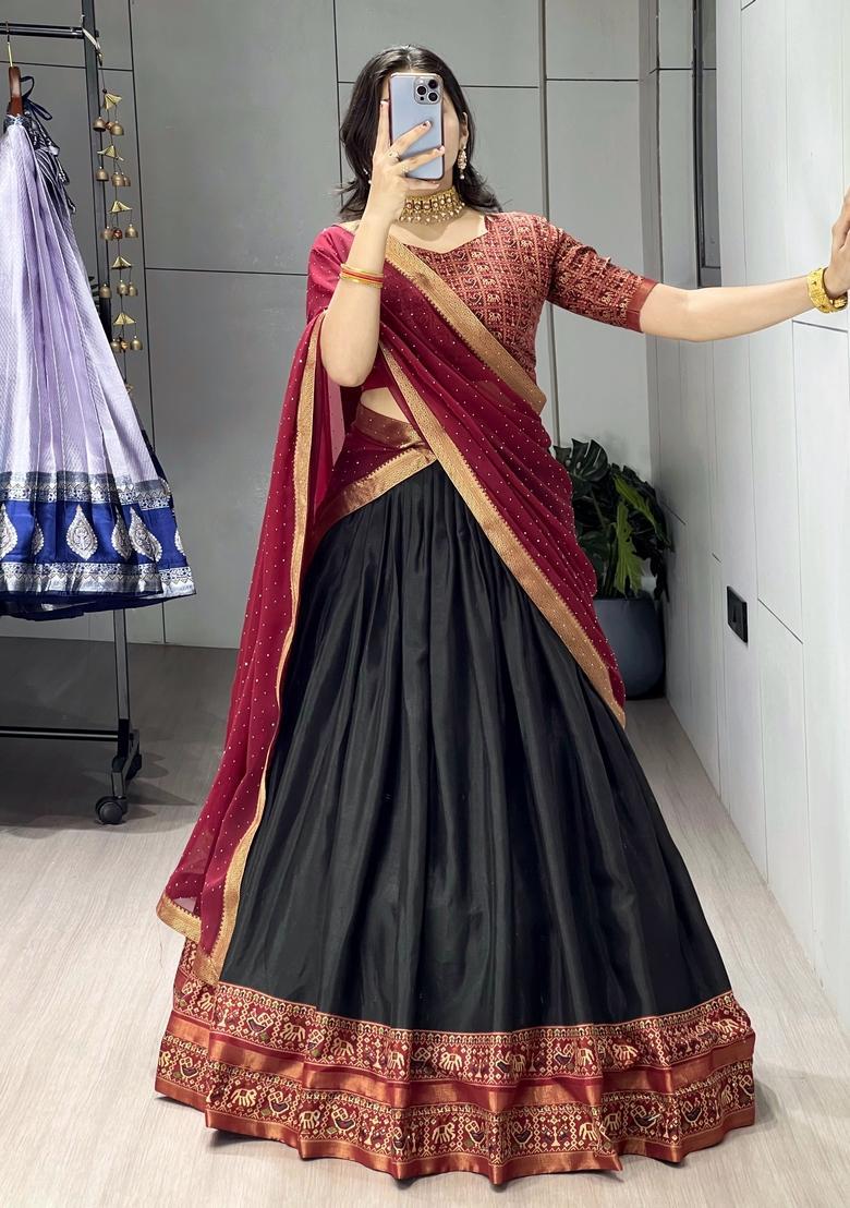 Black Printed Cotton Lehenga Set - Indya
