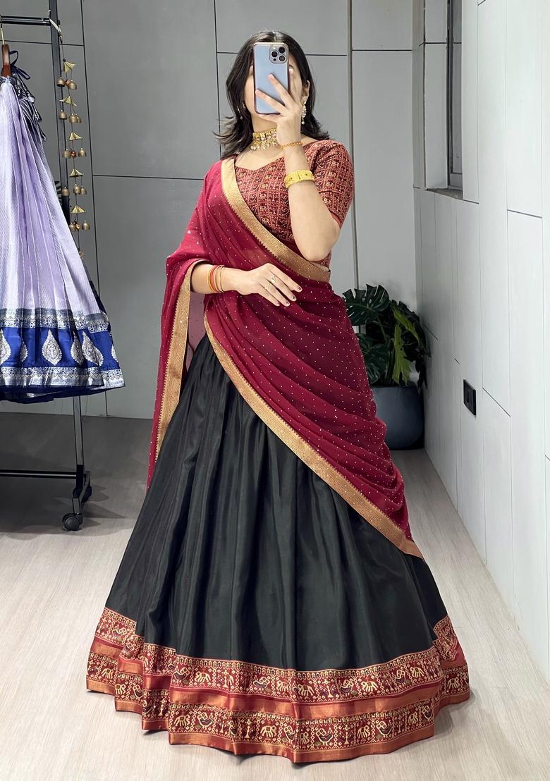 Black Printed Cotton Lehenga Set - Indya