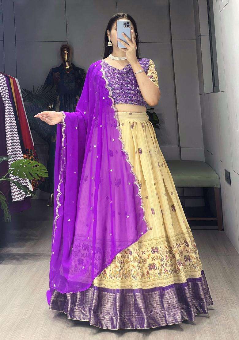 Purple Printed Marshmellow Rico Lehenga Set for Diwali and Festive Wear - Indya