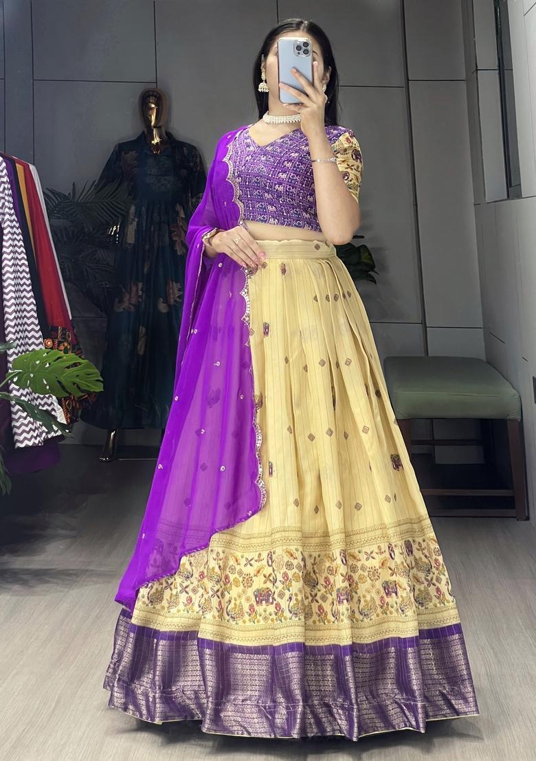 Purple Printed Marshmellow Rico Lehenga Set - Indya