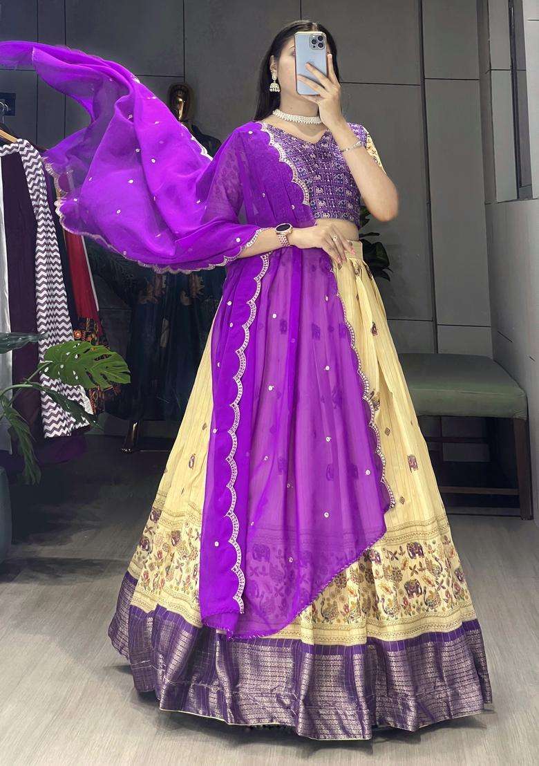 Purple Printed Marshmellow Rico Lehenga Set for Diwali and Festive Wear - Indya