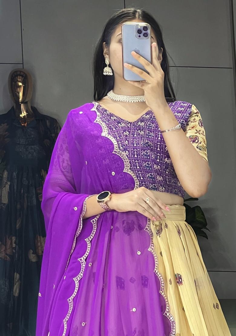 Purple Printed Marshmellow Rico Lehenga Set - Indya