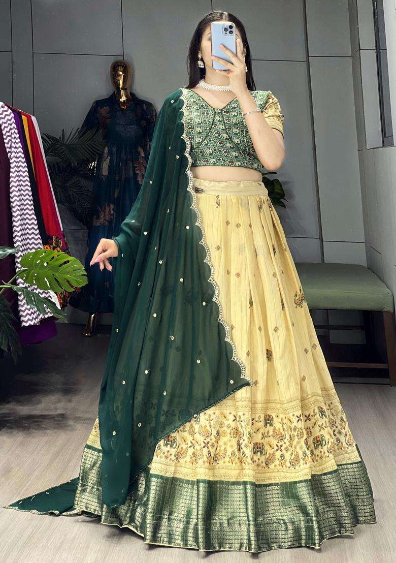 Green Printed Marshmellow Rico Lehenga Set for Diwali and Festive Wear - Indya