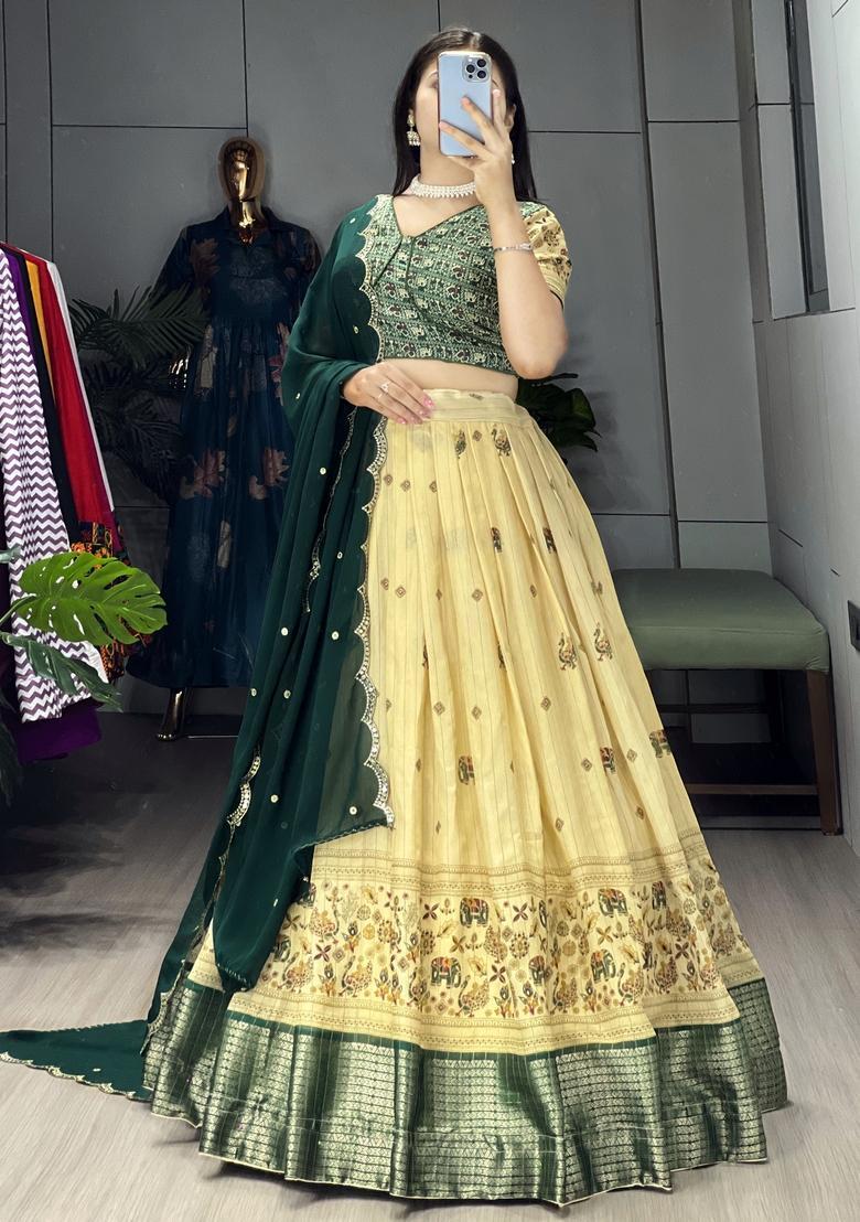 Green Printed Marshmellow Rico Lehenga Set - Indya