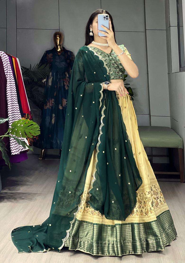 Green Printed Marshmellow Rico Lehenga Set for Diwali and Festive Wear - Indya