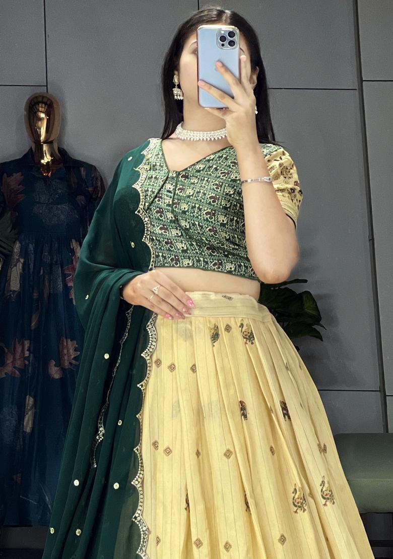 Green Printed Marshmellow Rico Lehenga Set - Indya