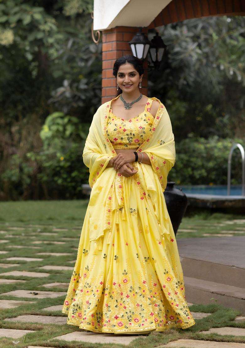 Yellow Chinon Lehenga Set with Embroidery for Diwali | Wedding & Festive Wear - Indya
