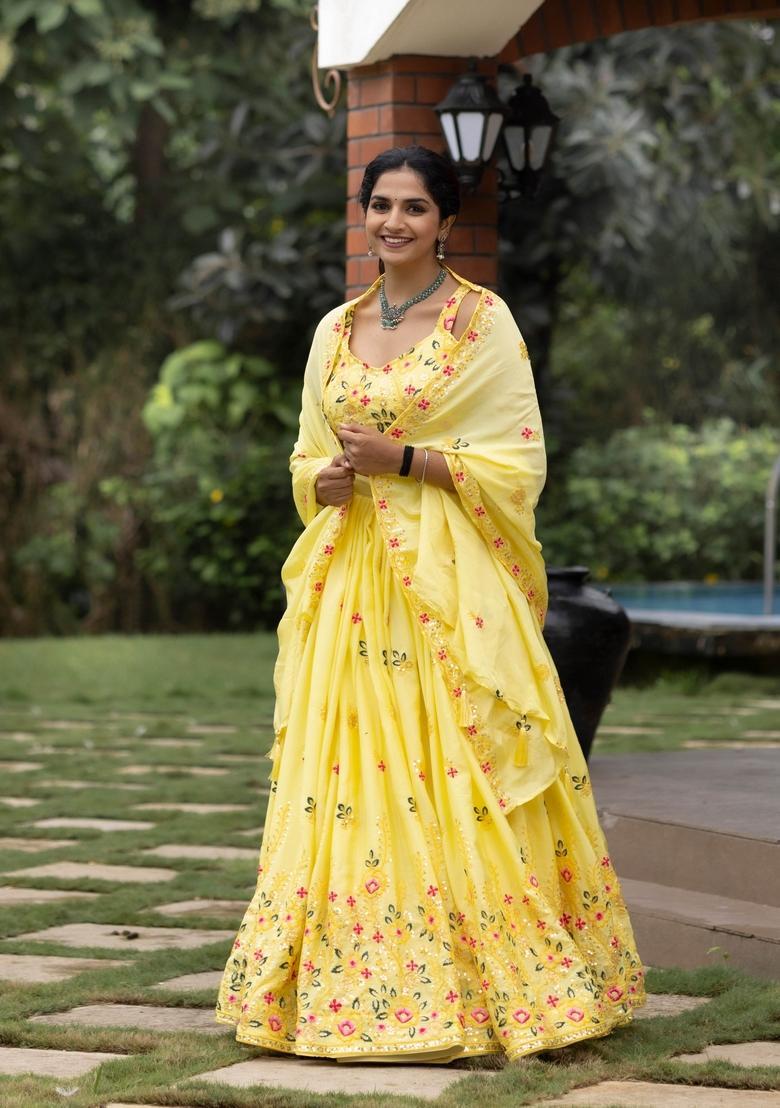 Yellow Embroidery Chinon Lehenga Set - Indya