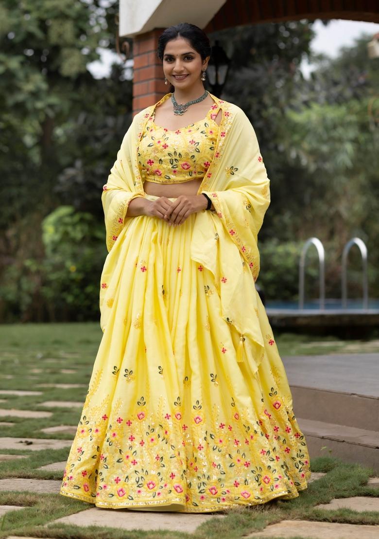 Yellow Embroidery Chinon Lehenga Set - Indya