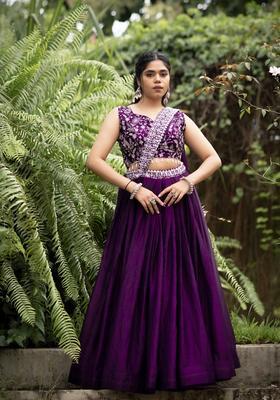 Purple Embroidery Satin Lehenga Set