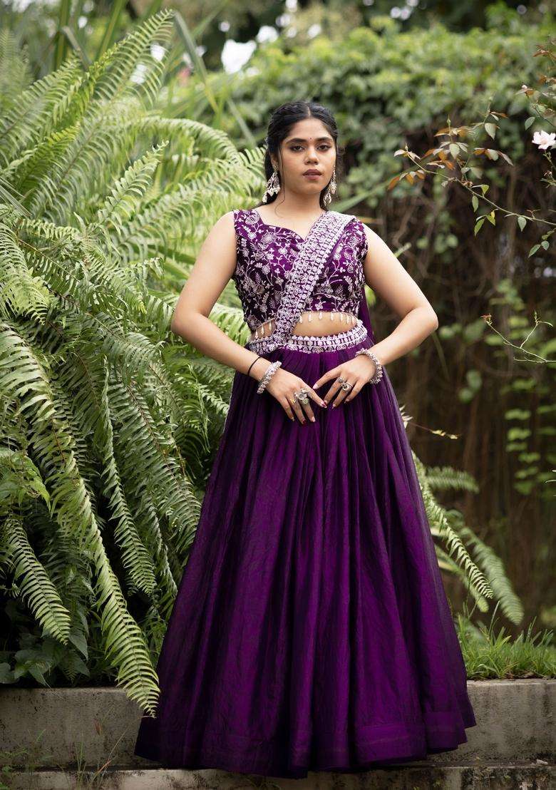 Purple Embroidery Satin Lehenga Set for Diwali and Festive Wear - Indya