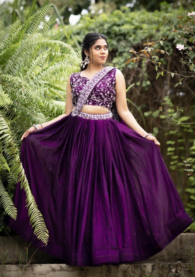 Purple Embroidery Satin Lehenga Set - Indya