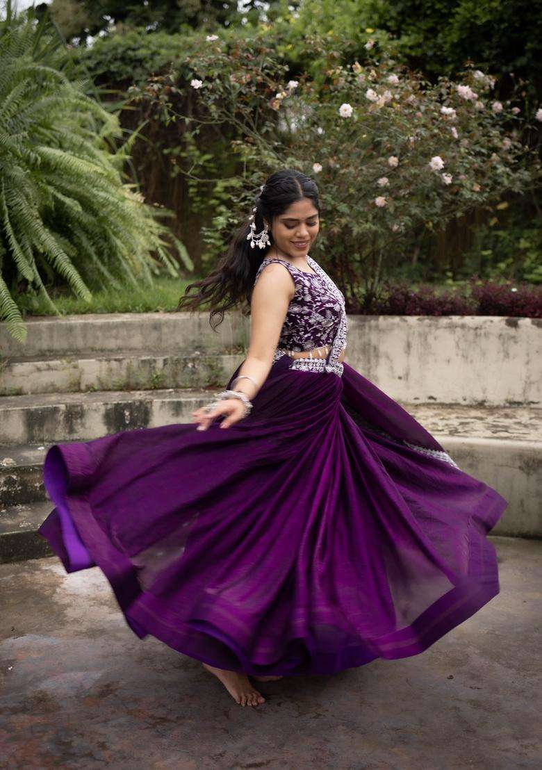 Purple Embroidery Satin Lehenga Set for Diwali and Festive Wear - Indya