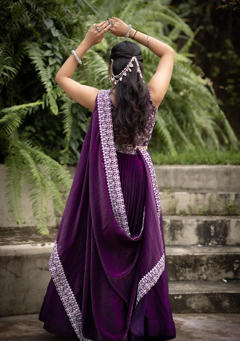 Purple Embroidery Satin Lehenga Set - Indya