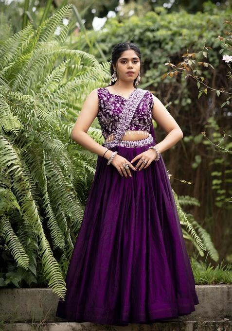 Purple Embroidery Satin Lehenga Set