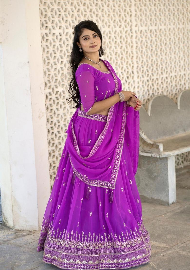 Purple Embroidery Georgette Lehenga Set - Indya