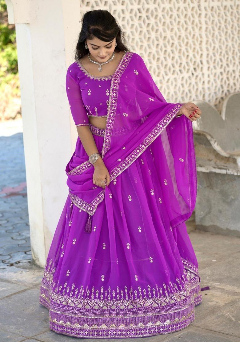 Purple Embroidery Georgette Lehenga Set - Indya
