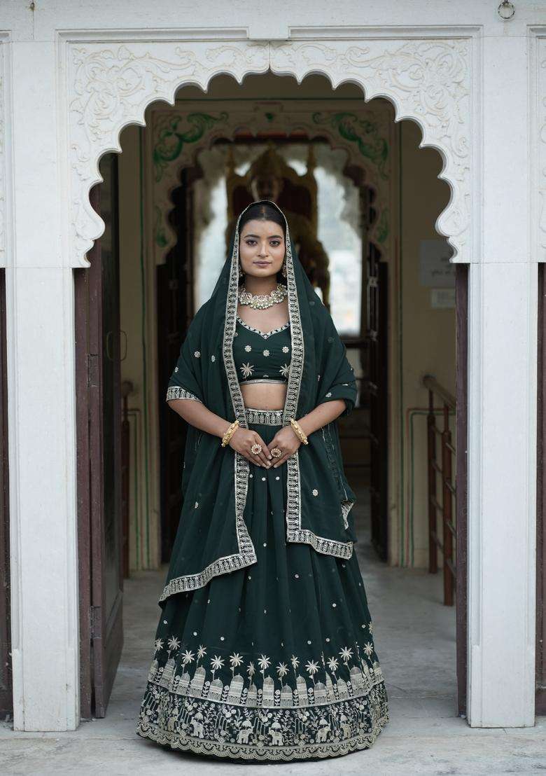 Green Embroidery Georgette Lehenga Set for Diwali and Festive Wear - Indya