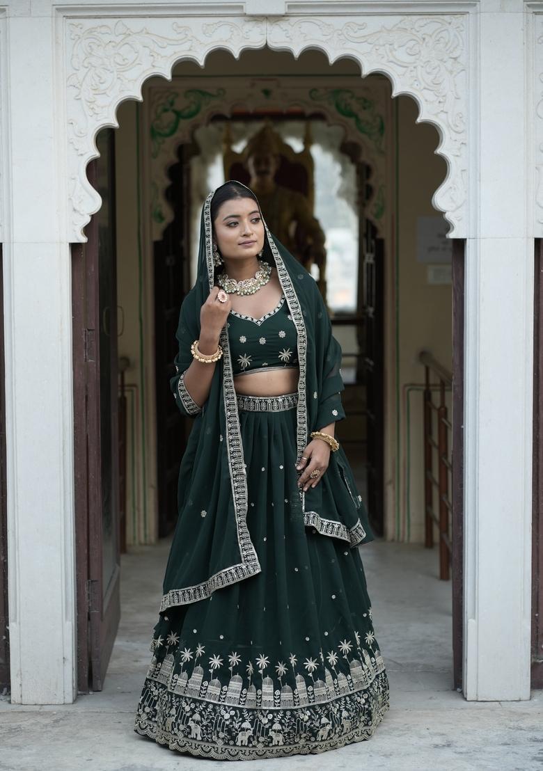 Green Embroidery Georgette Lehenga Set - Indya