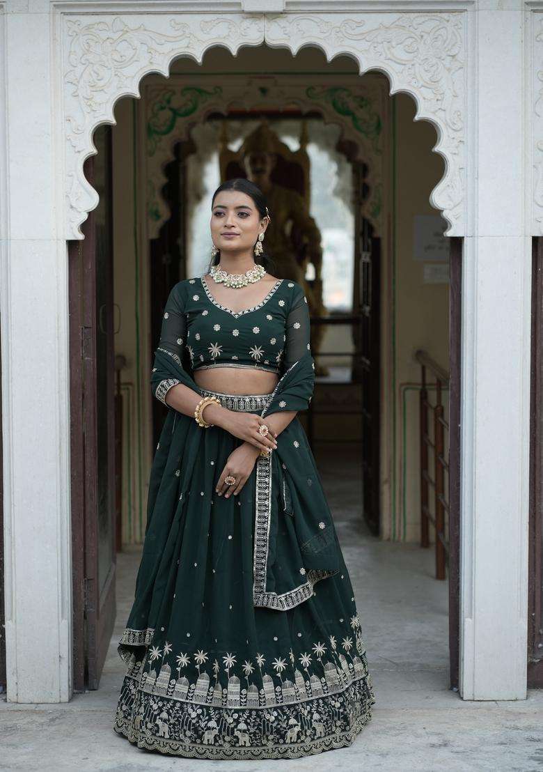 Green Embroidery Georgette Lehenga Set for Diwali and Festive Wear - Indya