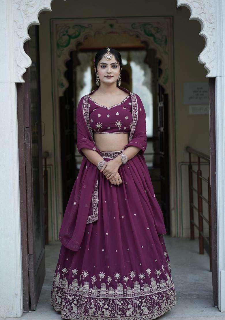 Wine Georgette Lehenga Set with Embroidery for Diwali | Wedding & Festive Wear - Indya
