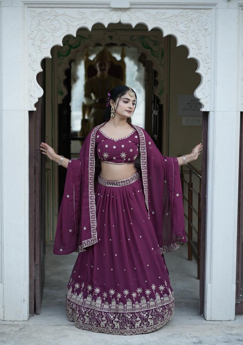 Wine Embroidery Georgette Lehenga Set - Indya