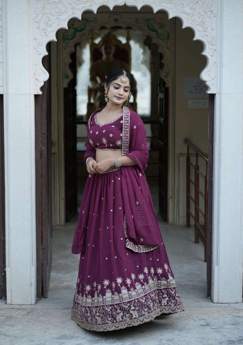 Wine Georgette Lehenga Set with Embroidery for Diwali | Wedding & Festive Wear - Indya