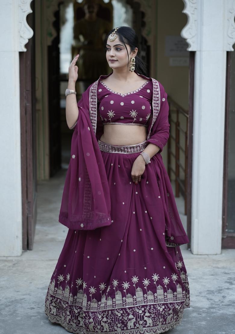 Wine Embroidery Georgette Lehenga Set - Indya