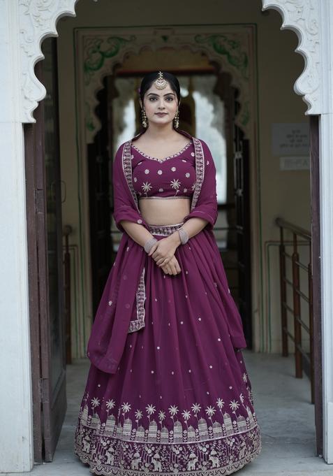 Wine Embroidery Georgette Lehenga Set