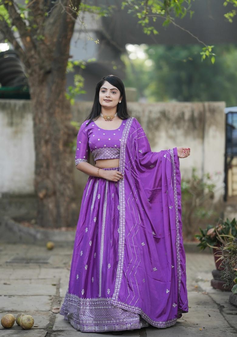 Purple Embroidery Chinon Lehenga Set - Indya