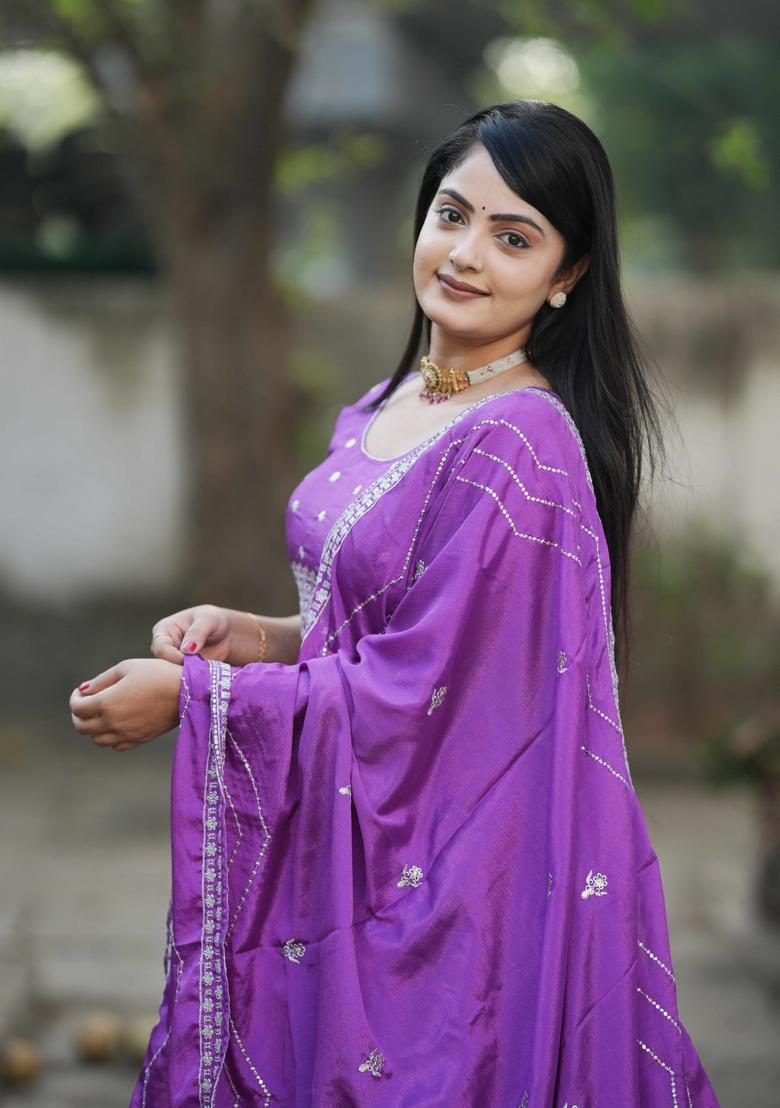 Purple Embroidery Chinon Lehenga Set - Indya