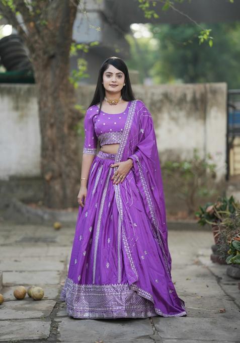 Purple Embroidery Chinon Lehenga Set