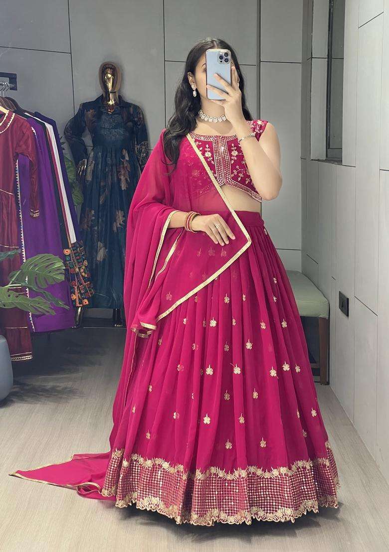Rani Pink Embroidery Georgette Lehenga Set for Diwali and Festive Wear - Indya