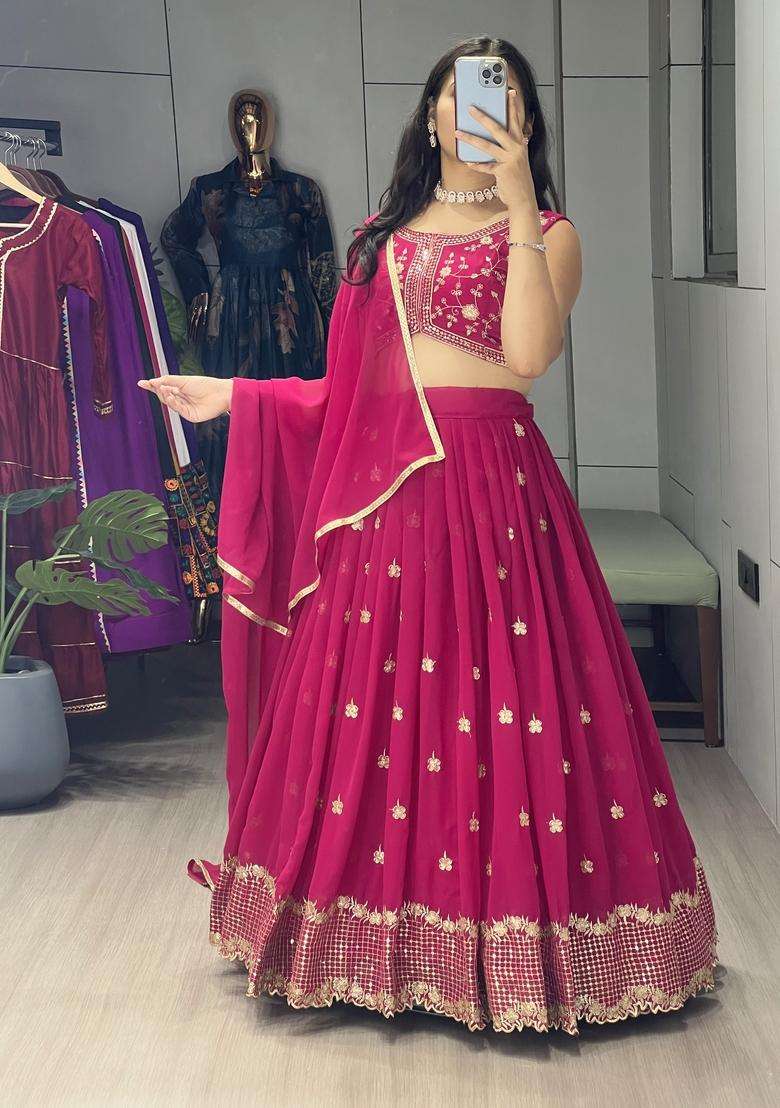 Rani Pink Embroidery Georgette Lehenga Set for Diwali and Festive Wear - Indya