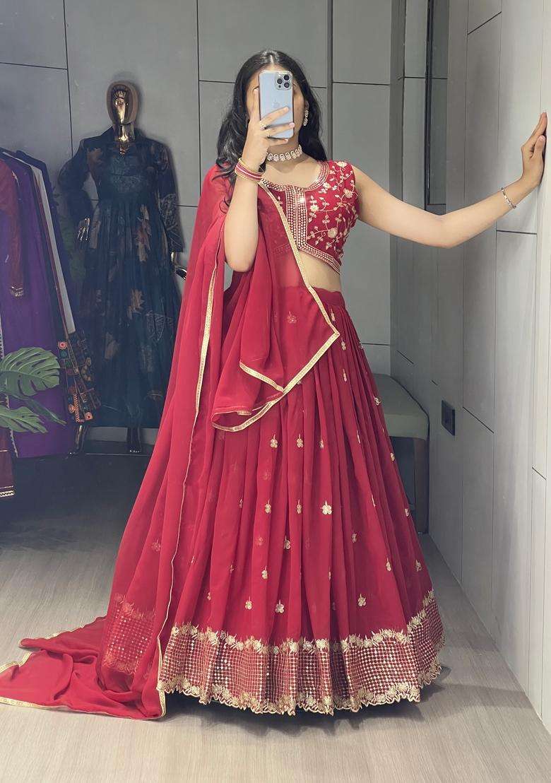 Maroon Embroidery Georgette Lehenga Set for Diwali and Festive Wear - Indya