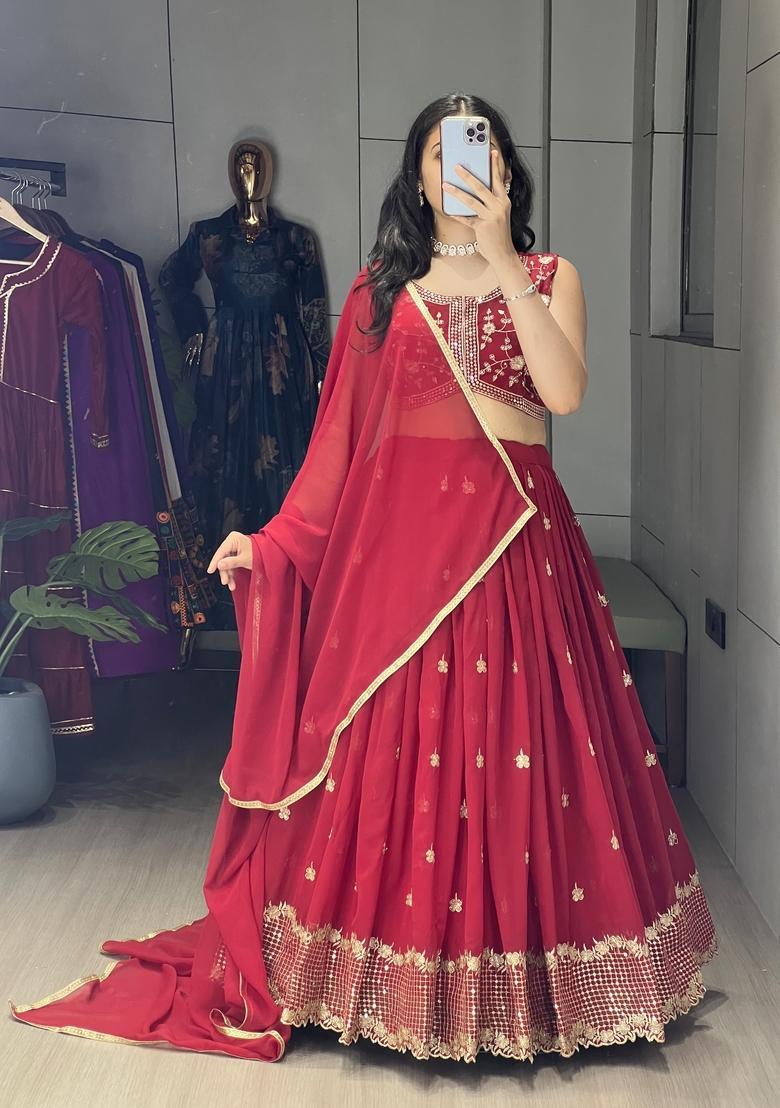 Maroon Embroidery Georgette Lehenga Set - Indya