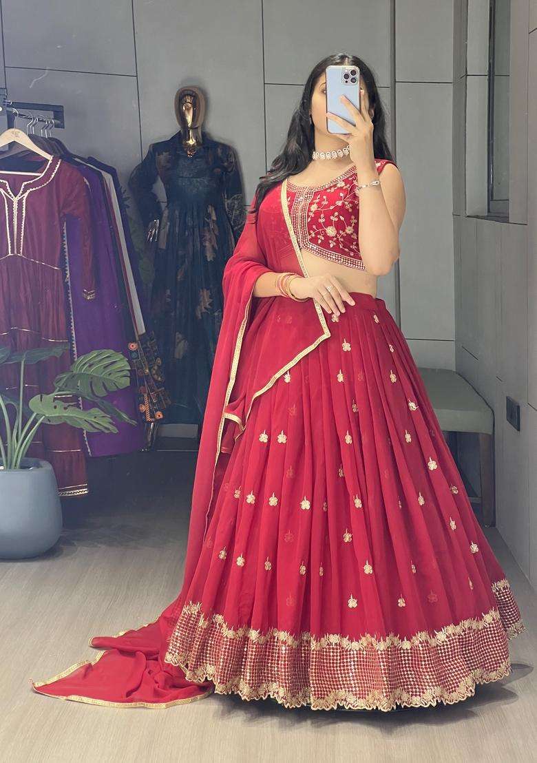 Maroon Embroidery Georgette Lehenga Set for Diwali and Festive Wear - Indya