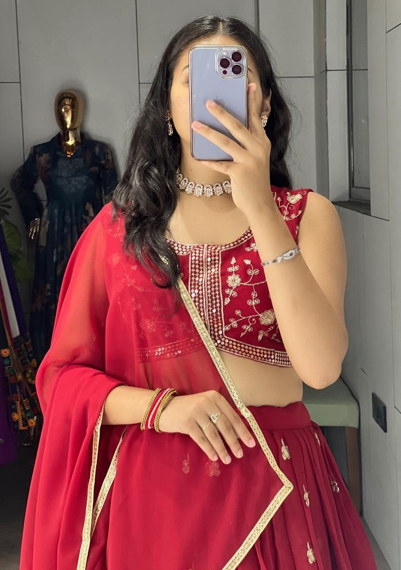 Maroon Embroidery Georgette Lehenga Set - Indya