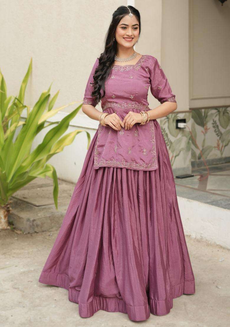 Pink Chinon Lehenga Set with Embroidery for Diwali | Wedding & Festive Wear - Indya