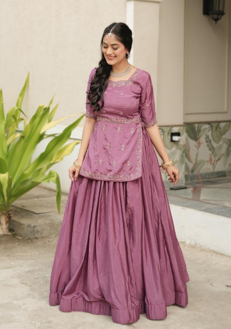 Pink Embroidery Chinon Lehenga Set - Indya