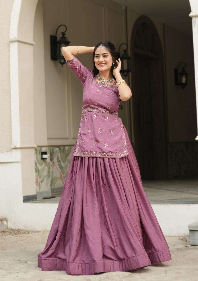 Pink Chinon Lehenga Set with Embroidery for Diwali | Wedding & Festive Wear - Indya