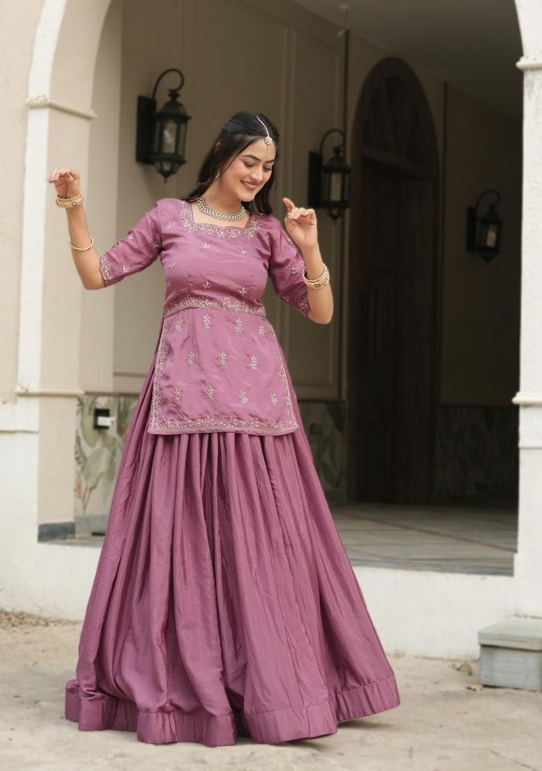 Pink Embroidery Chinon Lehenga Set - Indya