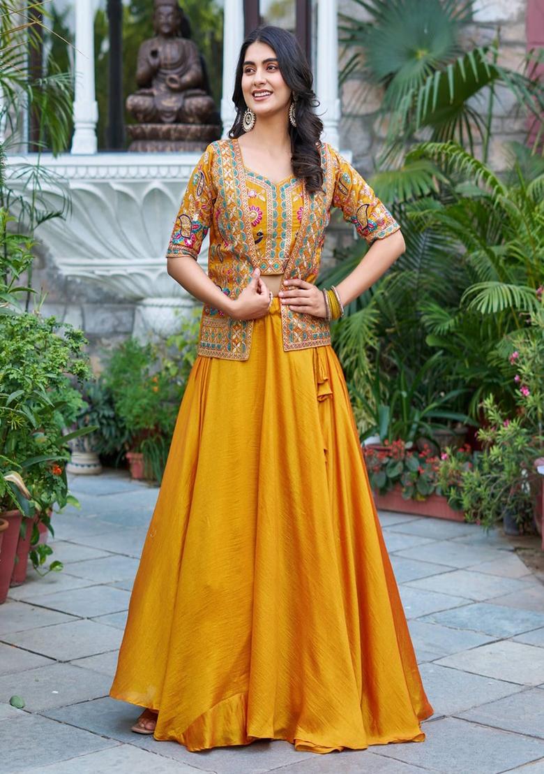 Yellow Embroidered Silk Lehenga Set - Indya