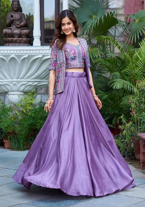 Purple Embroidered Silk Lehenga Set