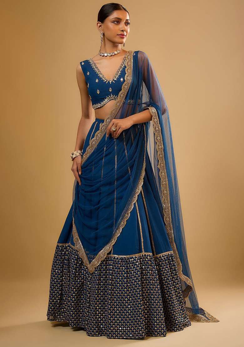 Royal Blue Embroidery Georgette Lehenga Set for Diwali and Festive Wear - Indya