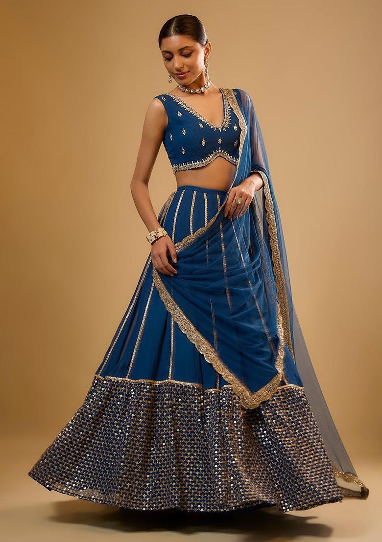 Royal Blue Embroidery Georgette Lehenga Set - Indya