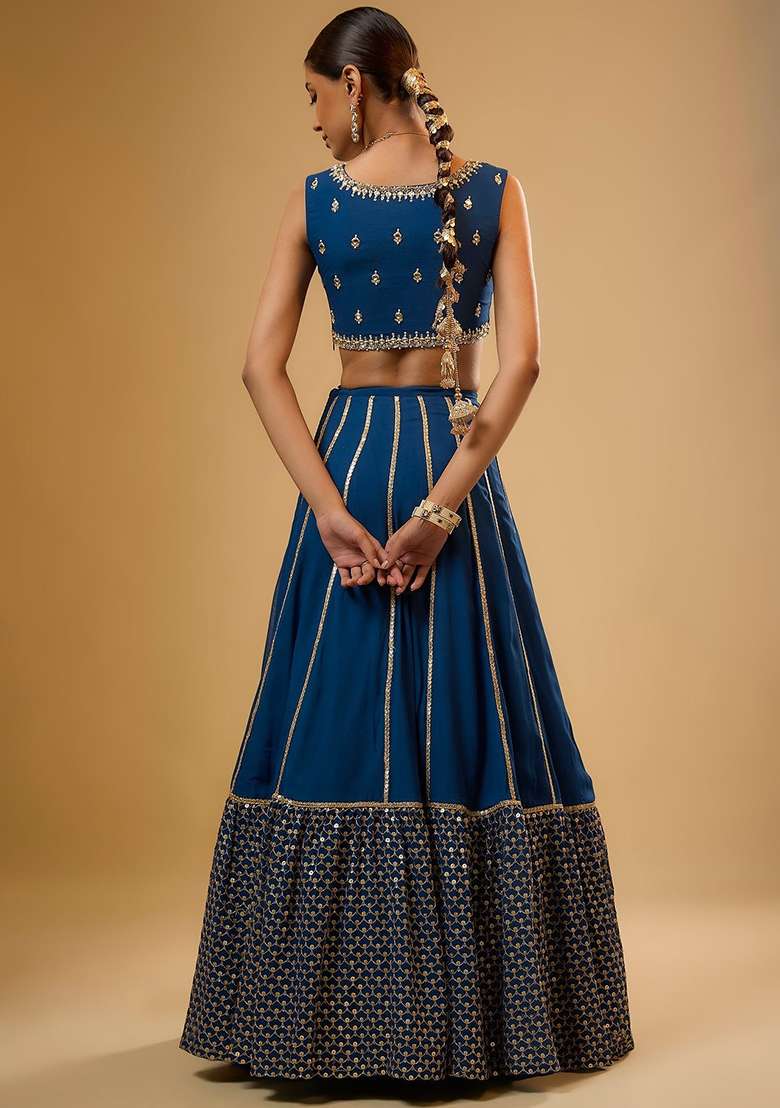 Royal Blue Embroidery Georgette Lehenga Set for Diwali and Festive Wear - Indya