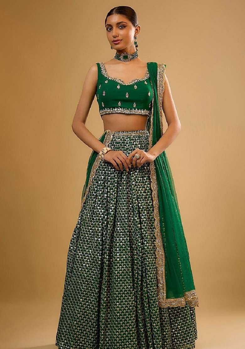 Green Embroidery Georgette Lehenga Set for Diwali and Festive Wear - Indya