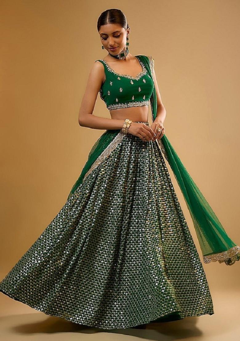 Green Embroidery Georgette Lehenga Set - Indya